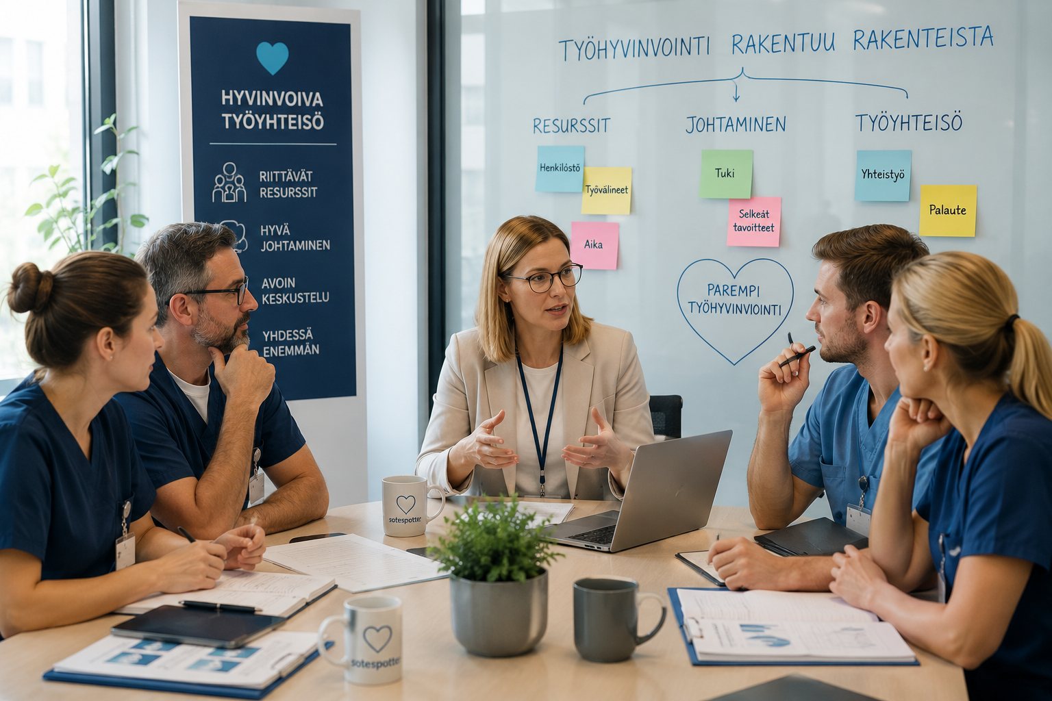 Moniammatillinen sote-tiimi kehittää työhyvinvointia ja työssä jaksamista yhteisessä työpalaverissa.